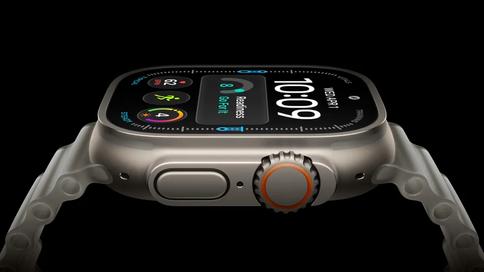 Close-up side view of Apple Watch Ultra 4 in titanium