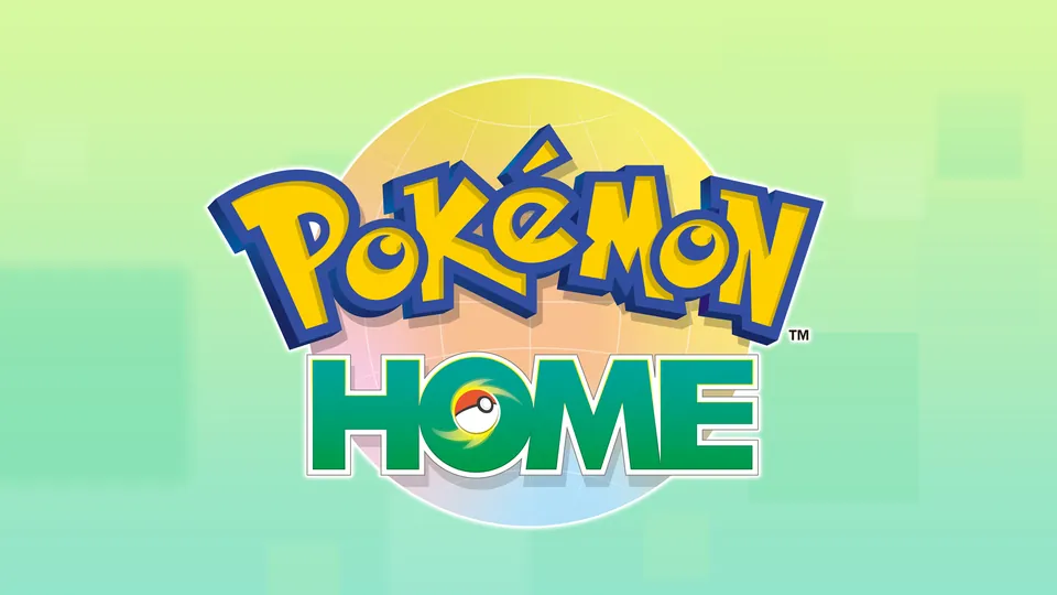 The Pokémon HOME logo with a Poké Ball in place of the letter O on a bright green and yellow background
