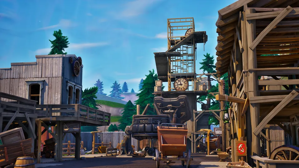 A wooden mining town with a clock tower in Fortnite