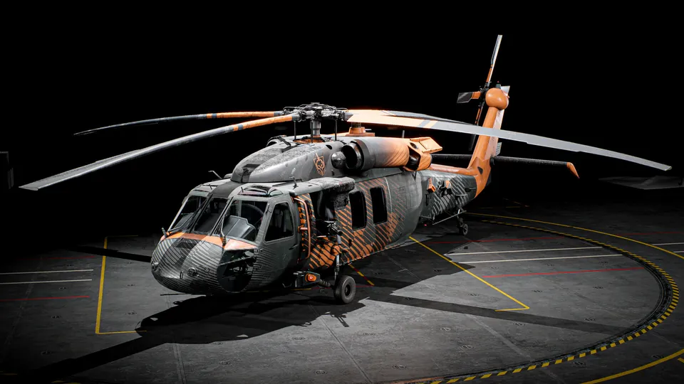 A transport helicopter in a gray and orange Spark Drift skin rests on a helipad in Battlefield 6