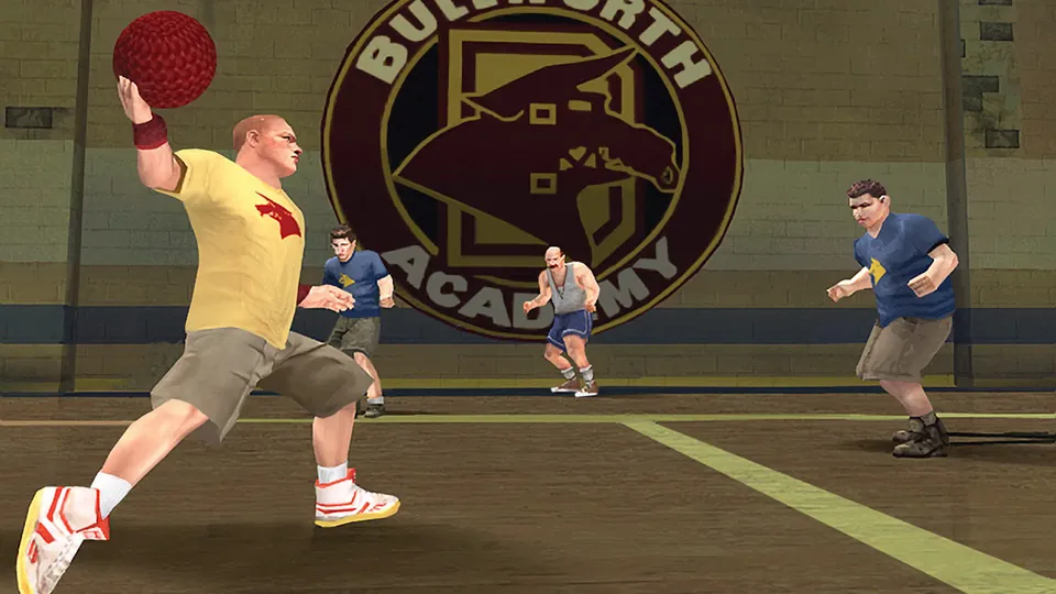 Jimmy Hopkins winds up to throw a red dodgeball in the Bullworth Academy gym in Bully