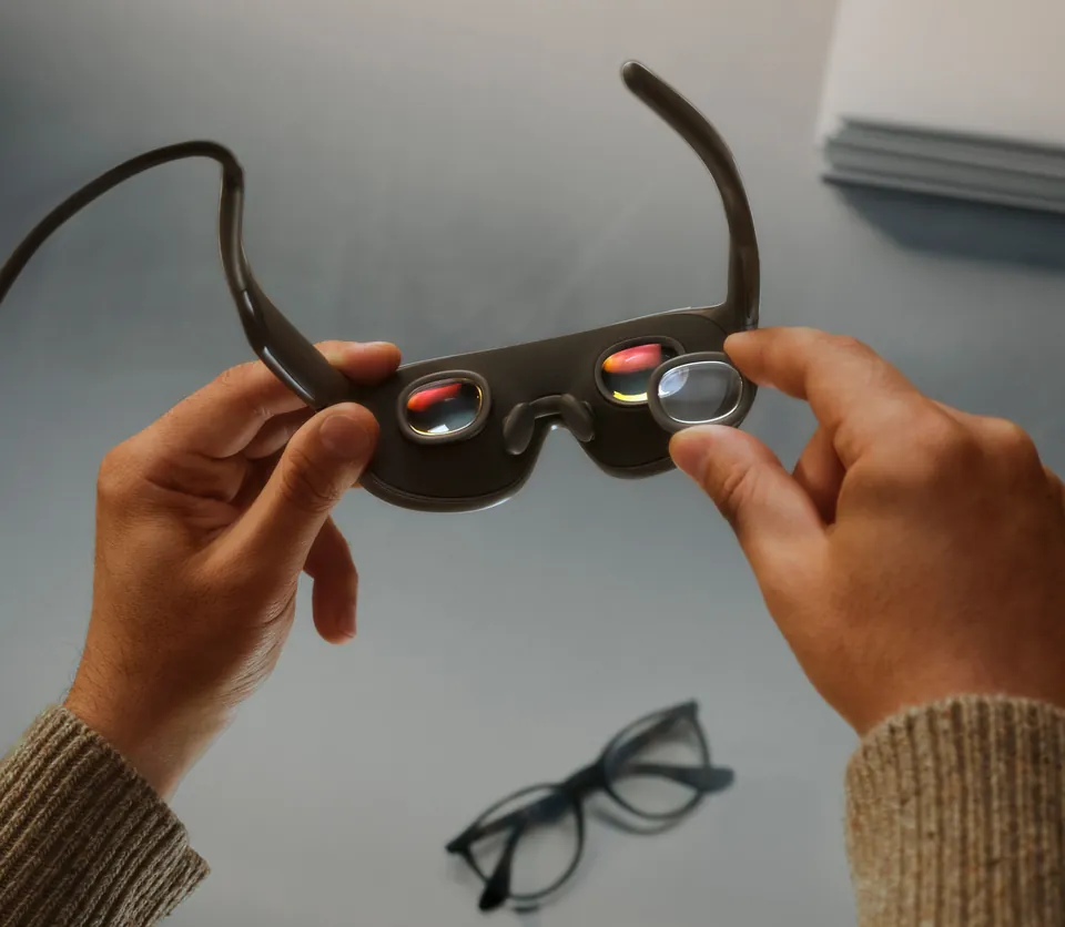 Hands hold Meta VR Glasses upside down, showing the lenses, next to ordinary glasses