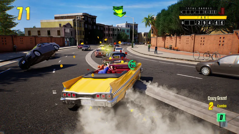 A yellow taxi drifts through an intersection as another car flips into the air behind it