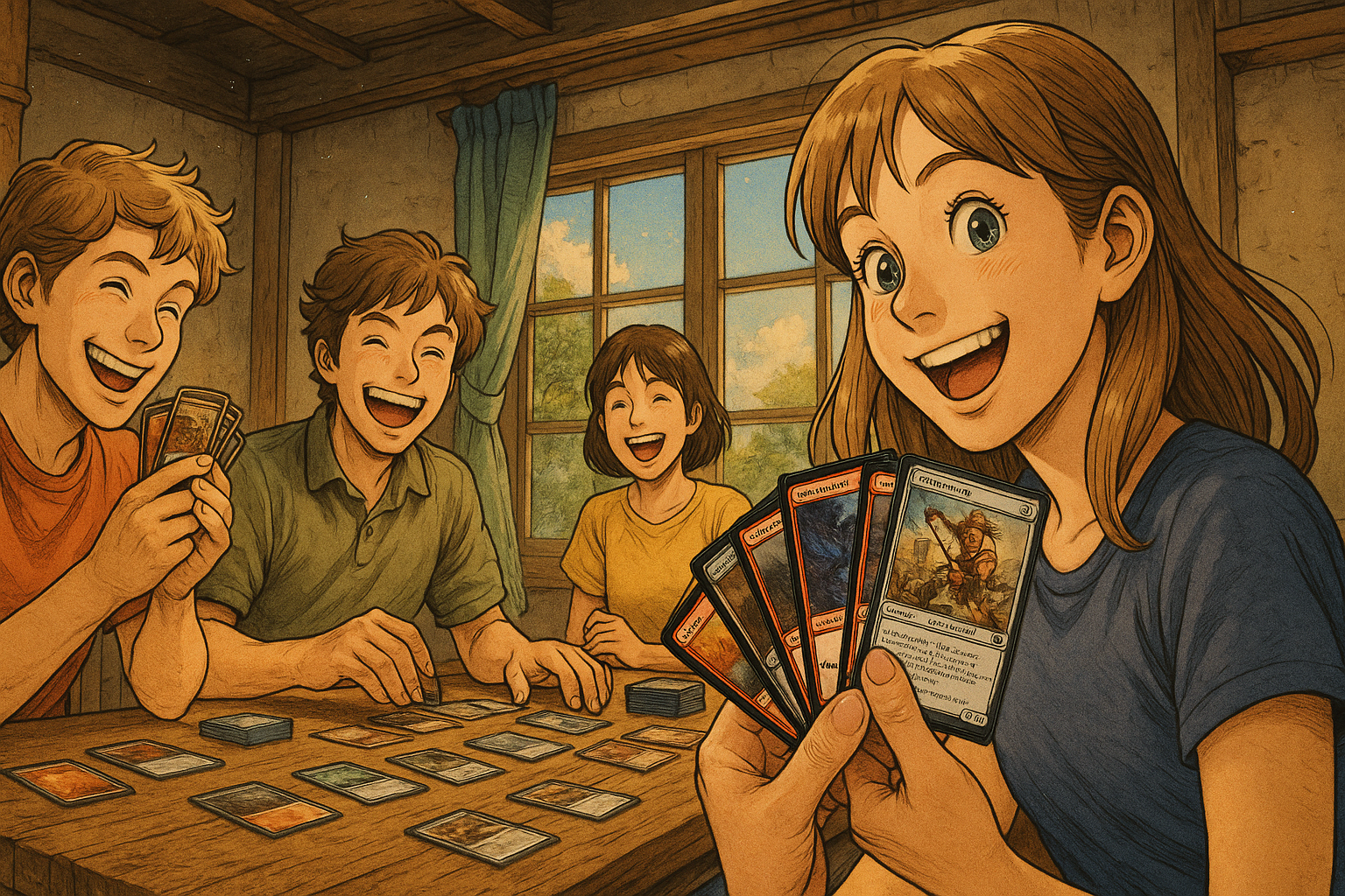ChatGPT IFour joyful young adults playing Magic: The Gathering at a wooden table.mage May 3, 2025, 02_24_41 PM Four joyful young adults playing Magic: The Gathering at a wooden table.